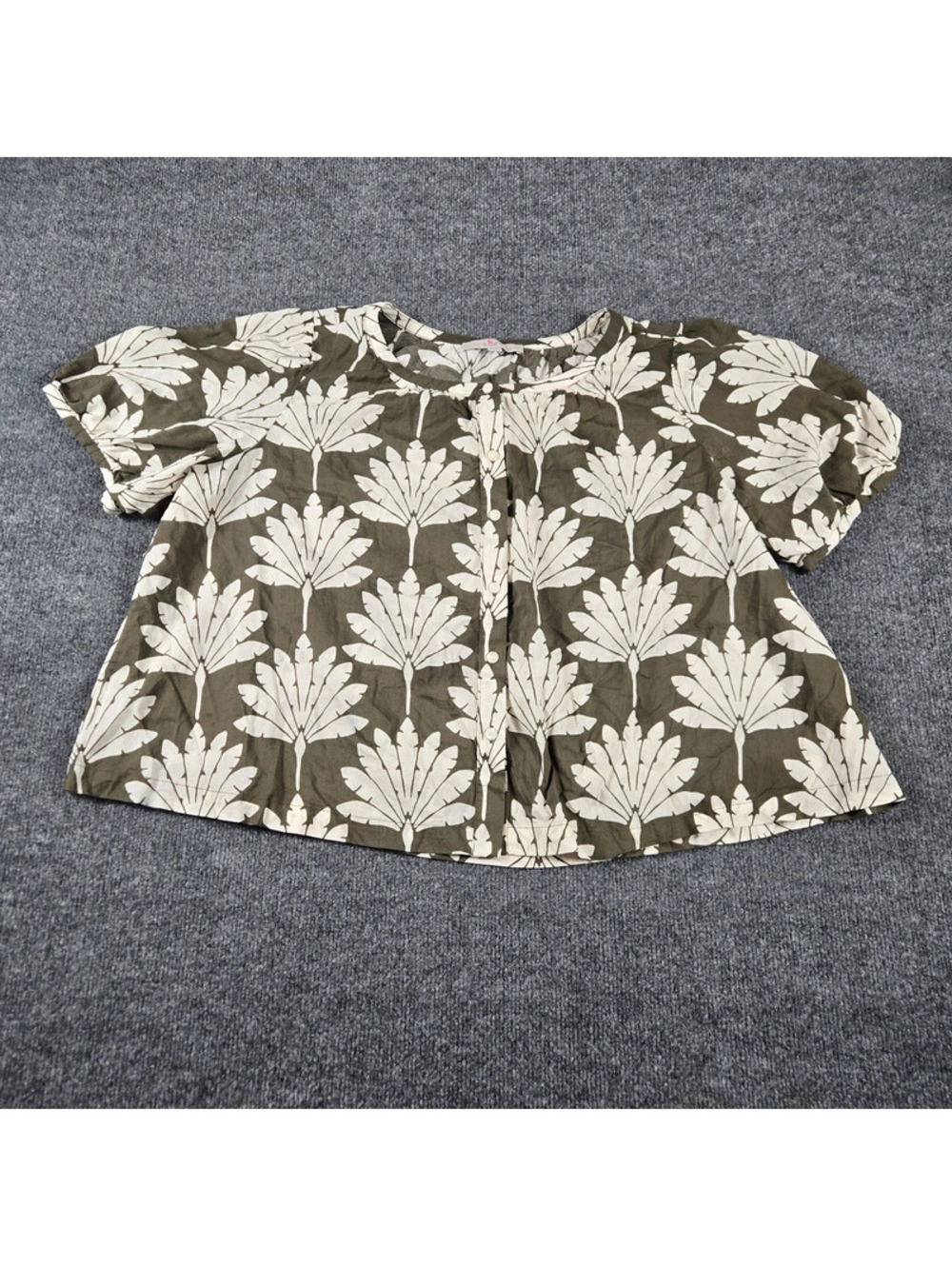 Loft xl olive green ivory Botanical Print Puff Sleeve cotton blend